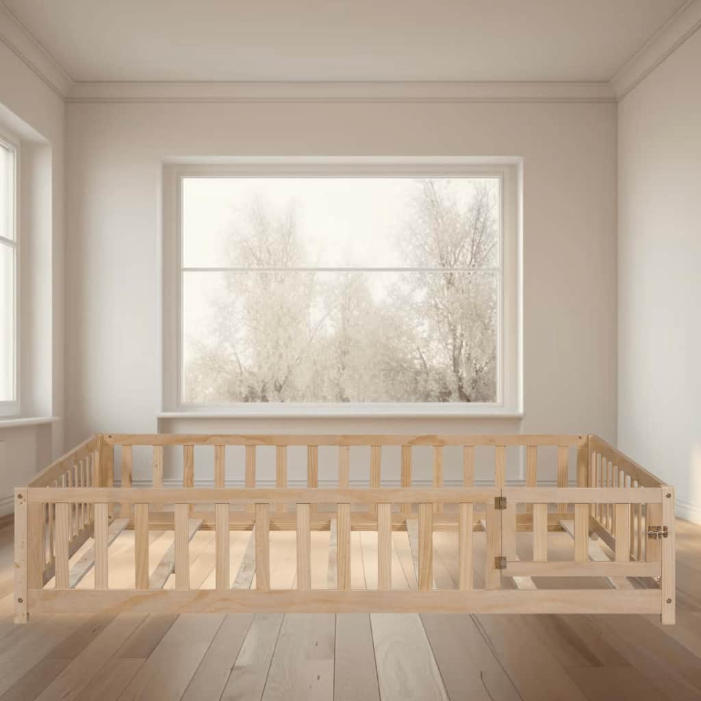 Full Size Montessori Floor Platform Bed with Safety Fence and Door, Sturdy Wooden Platform Bed for Toddlers, Bedroom Furniture