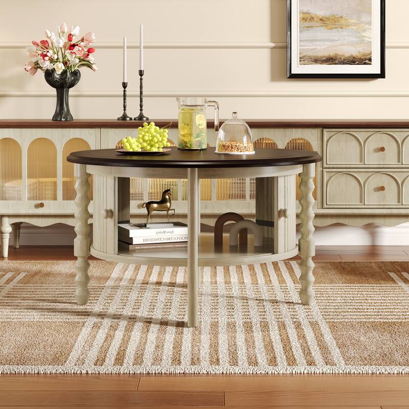 Round Coffee Table End Table with Storage, Vintage Cocktail Table Beige Espresso Center Table with Sliding Door