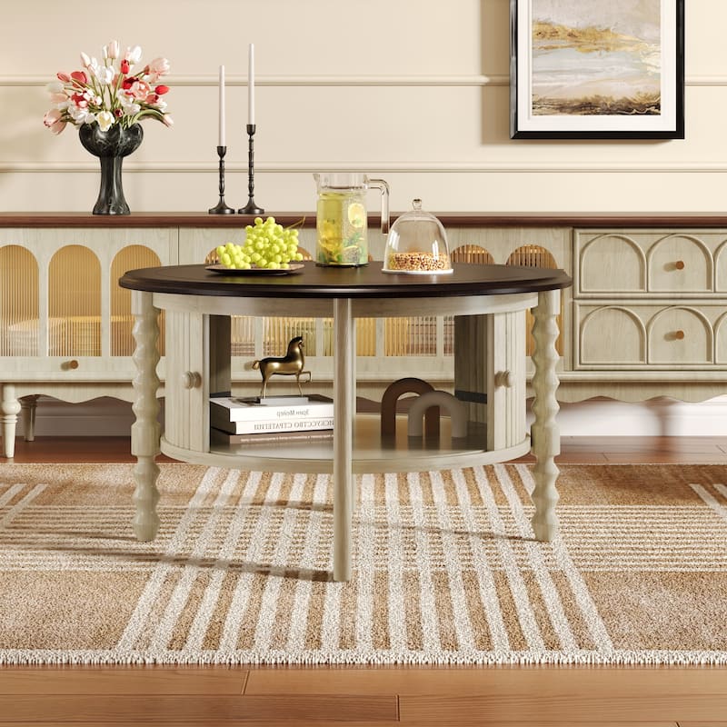 Round Slatted Coffee Table Accent Table with Storage Shelf, Modern Cocktail Table End Table with Sliding Door