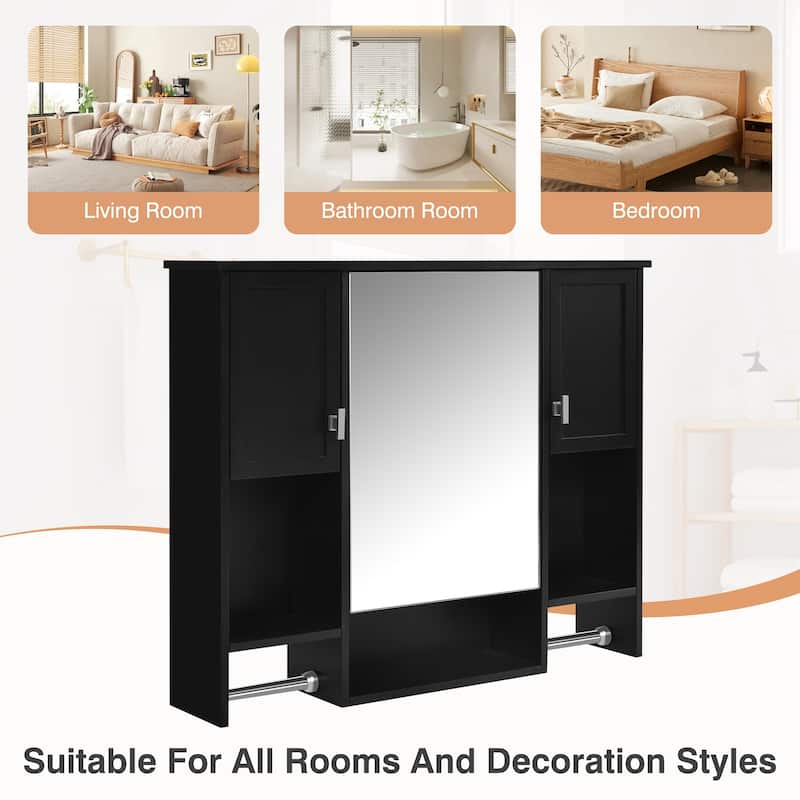 Roomfitters 35"x28" Wall Mounted Mirror Cabinet, Bathroom Storage with Towel Bar, Modern Medicine Cabinet for Wall Use, Black