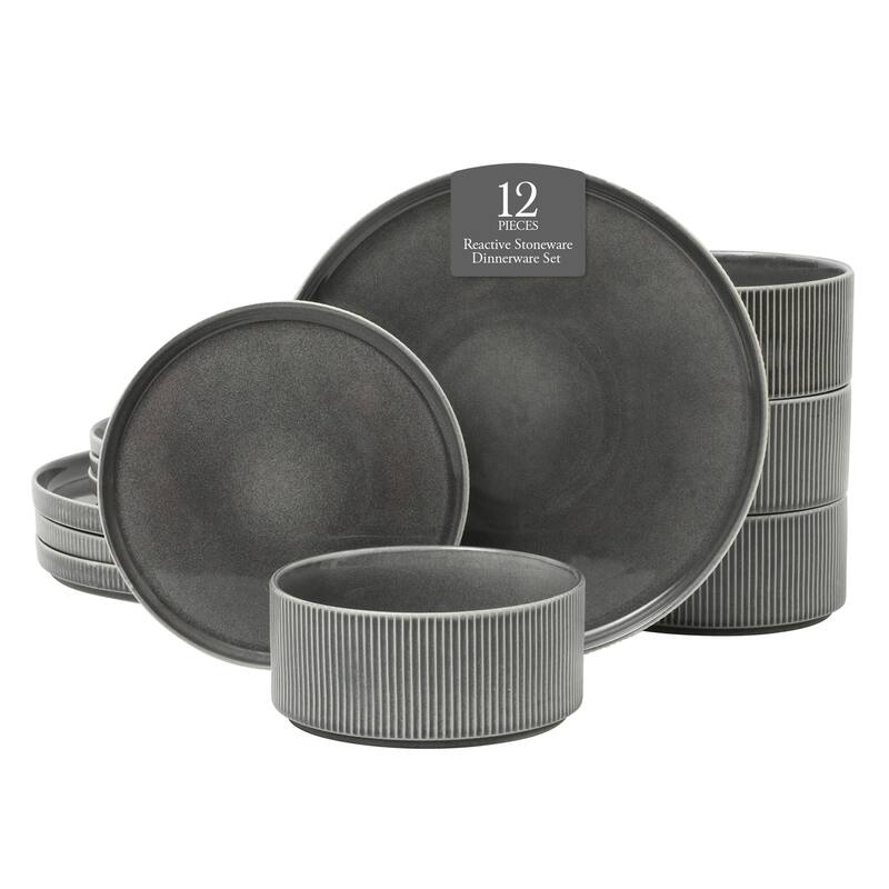 Gibson Elite Solana Coast 12 Piece Stoneware Reactive Glaze (Service for 4) Plates and Bowls Modern Shape Dinnerware Set
