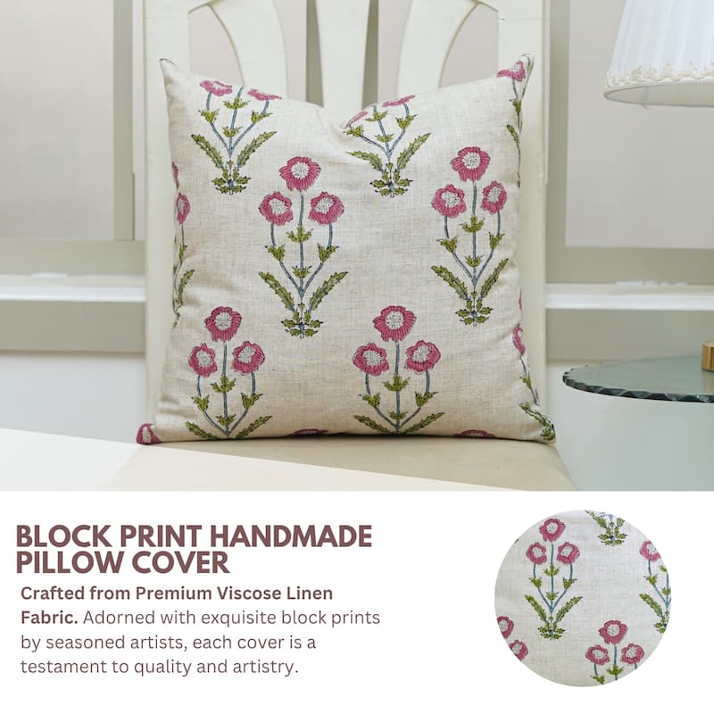 Fabdivine Pink Home Cushion Cover 16x16 Inch Floral Square Throw Pillowcase Viscose Linen Living Room or Couch, Amitabh