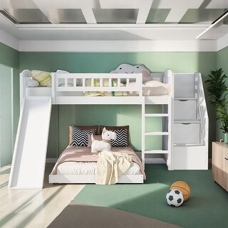 Twin over Twin Bunk Bed with Two Drawers and Slide
