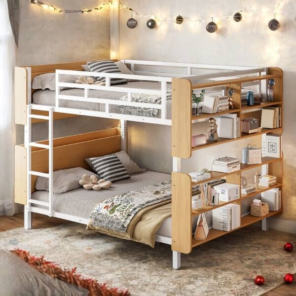 slide 2 of 16, White Metal & Wood Full Size Bunk Bed ,Storage Platform Beds with Ladder and Shelves