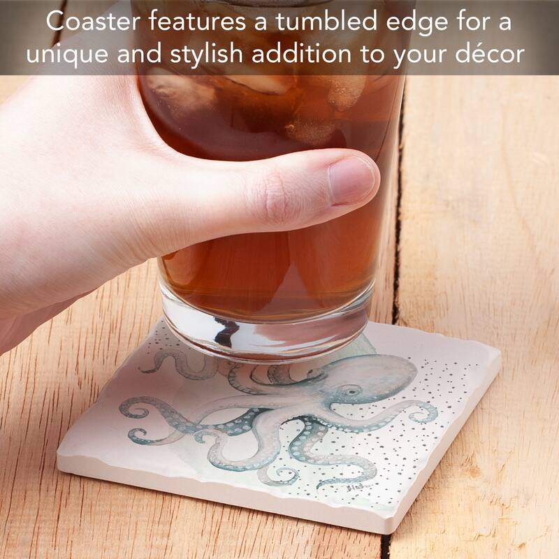 Octopus 4 Pack Absorbent Stone Coasters with Cork Backing 4" Square Made in The USA Absorbent Wipes Clean