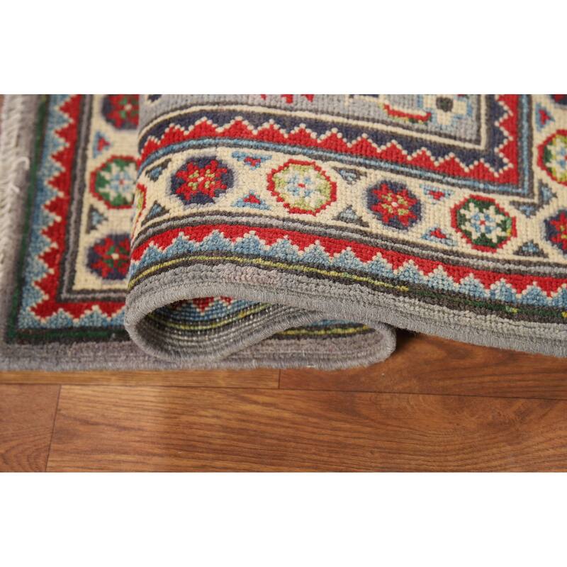 Geometric Kazak Oriental Accent Rug Grey Hand-Knotted Wool Carpet - 2'0" x 3'0"