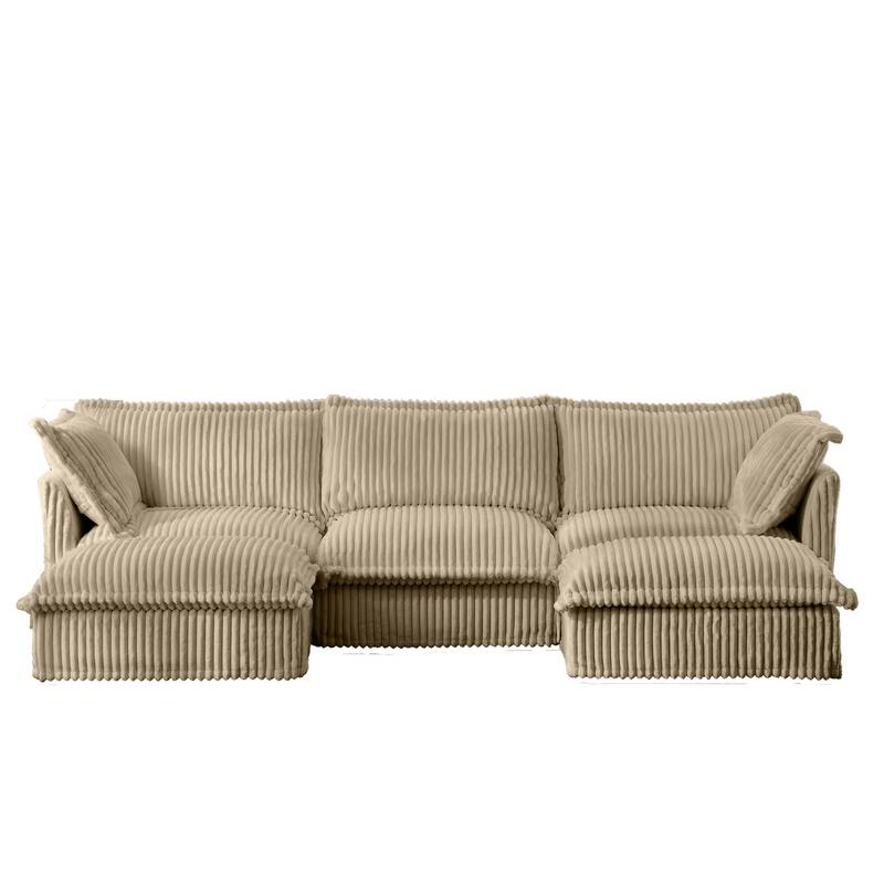 120" Corduroy U-Shape 3-Seater Sectional Sofa with Removable Slipcover, French Edge Design and Cloud-Like Cushions