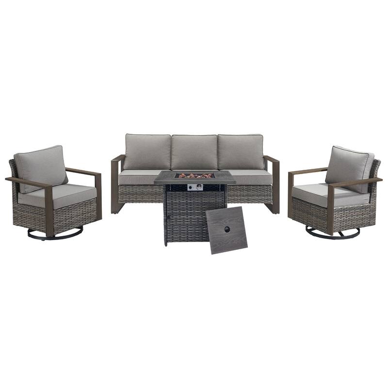 Pocassy Outdoor Fire Pit with 3-Seat Sofa Swivel Chairs Patio Furniture Set