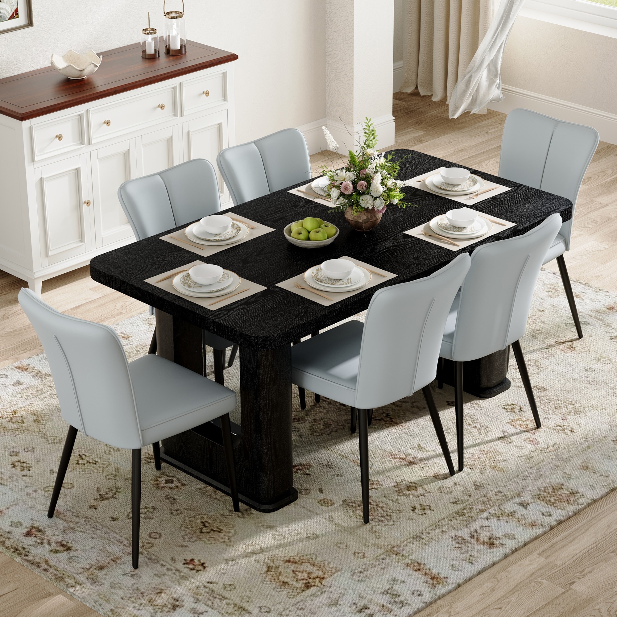Dining Table Set for 6, Rectangular Dining Room Table Set for 6, Kitchen Table and 6 PU Chairs, 64" Wood Table Set with Textured
