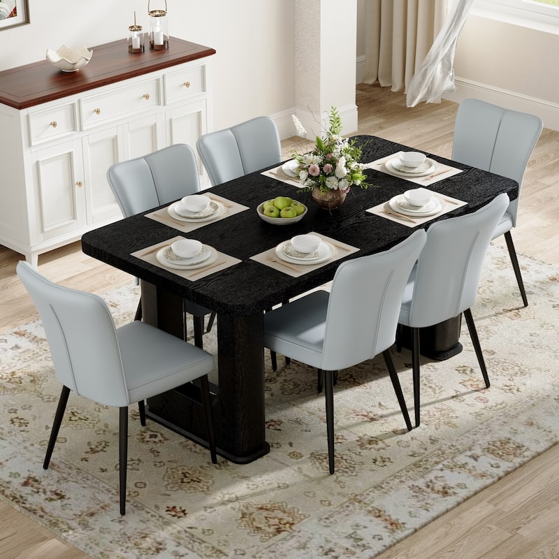 Dining Table Set for 6, Rectangular Dining Room Table Set for 6, Kitchen Table and 6 PU Chairs, 64" Wood Table Set with Textured - Black,Light Gray
