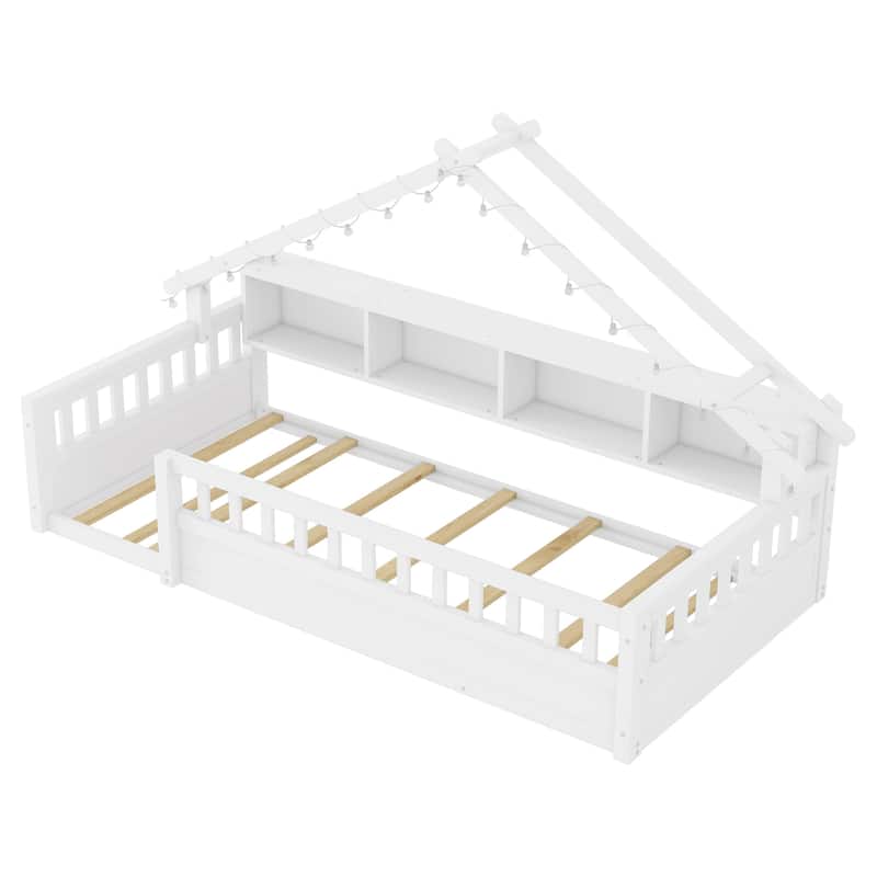 Floor Bed House Bed Frame with Storage Shelf Safety Guardrails