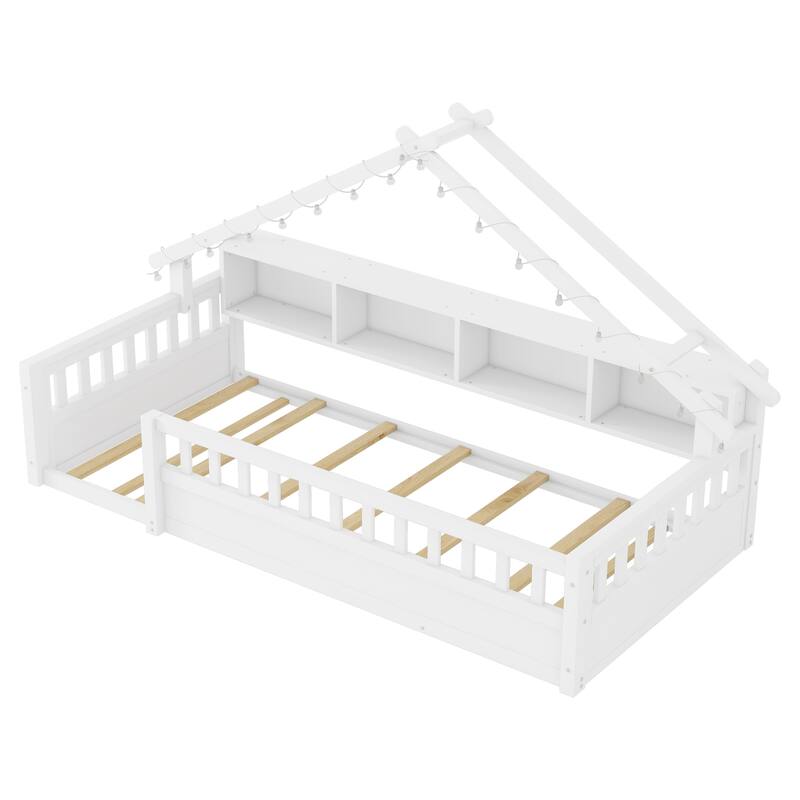 House-shaped Daybed Kids Wood House Bed Montessori Toddler Floor Bed with Roof Shape Storage Bookshelves and Light