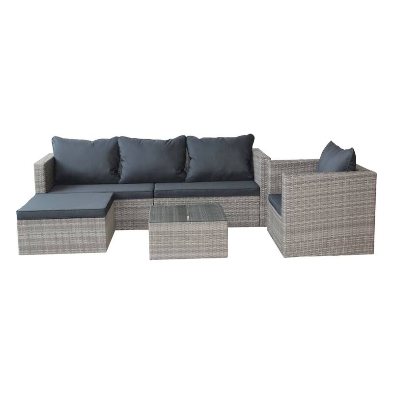 4-Piece Wicker Patio Conversation Set with Black Cushions - Brown