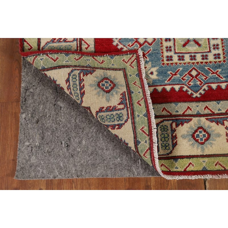 Red Geometric Kazak Runner Rug Handmade Oriental Wool Carpet - 4'1" x 13'8"