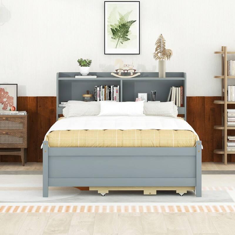 Grey American Design Full Bed with Bookcase Headboard, LED Light, Trundle and Storage Drawers
