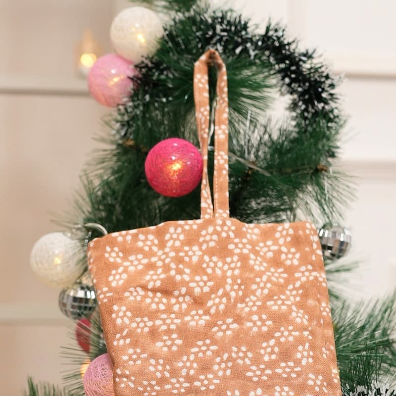 Fabdivine 16x6.5 Inches Hand Floral Block Print Christmas Stockings Tassle and Loop Perfect for Gift - 16"X6.5" - Ola Varshti- Light Brown - Christmas Stockings