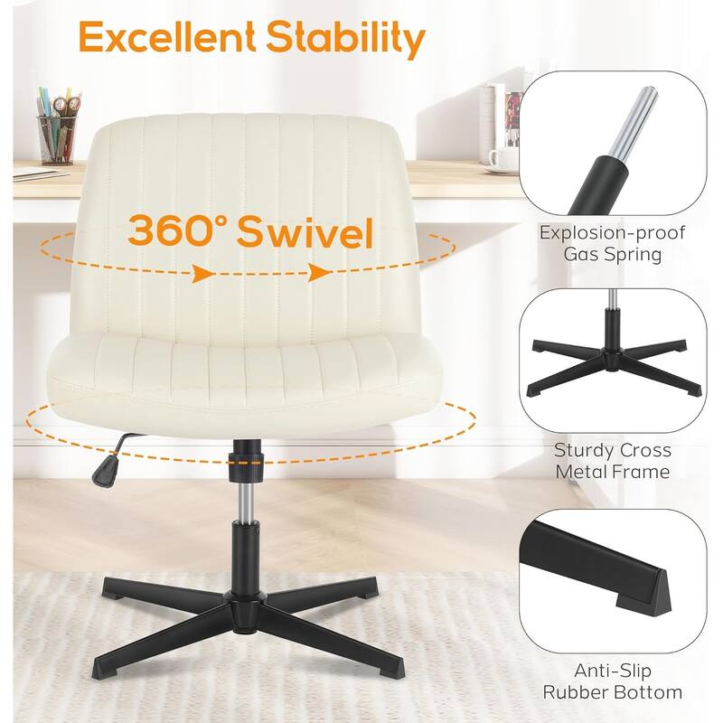 Home Office Desk Chair Criss Cross Legged Office, Wide Comfty Desk, Wheels Armless Computer Task, Swivel Vanity Home Chair