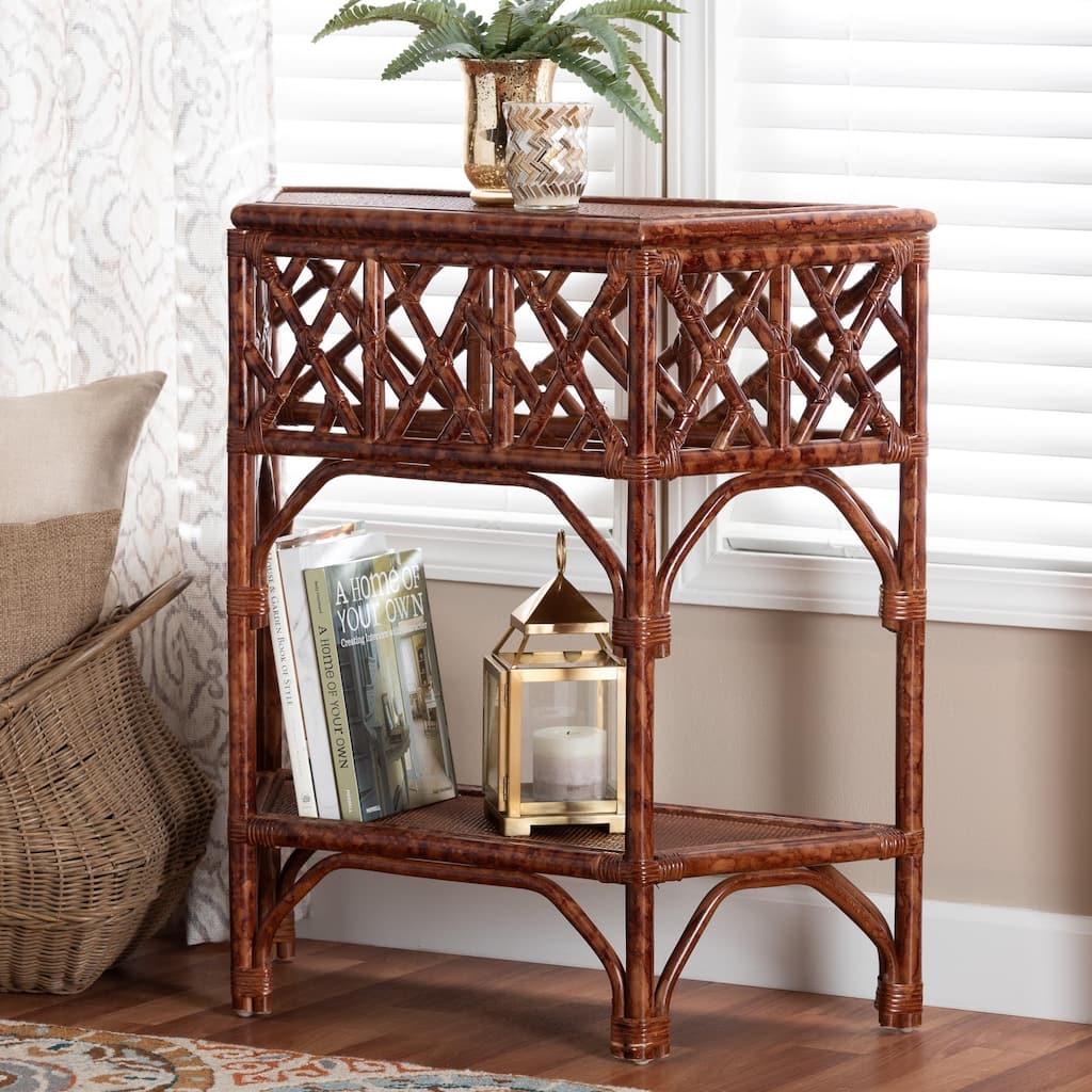 Gaspar Marbled Tortoise Natural Rattan Console Table - Handcrafted Accent Table with Chippendale Design, Coastal Tropical Style
