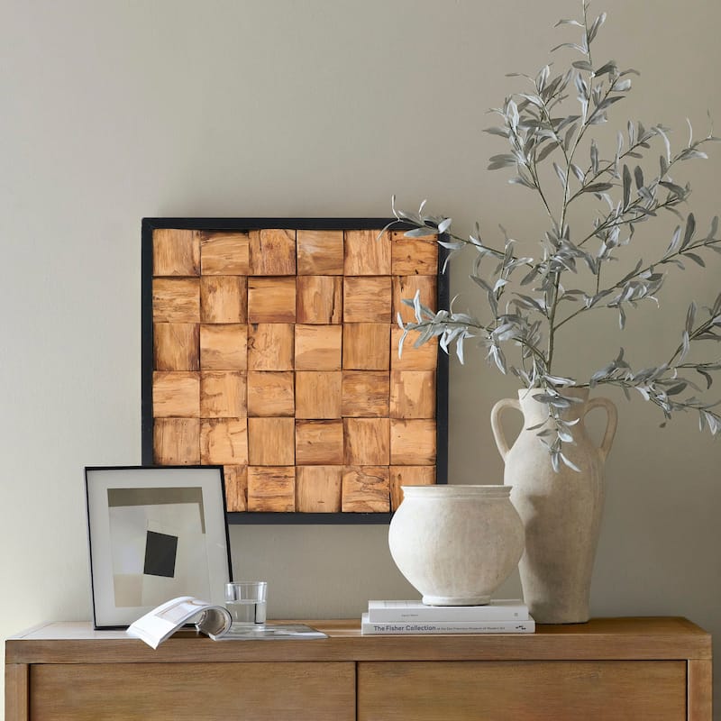 Teak Wood Square Wall Decor Geometric Pattern Hanging Decoration