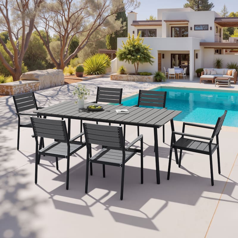 7/9-piece Outdoor Aluminum Rectangle Patio Dining Table with Umbrella Hole and Chairs