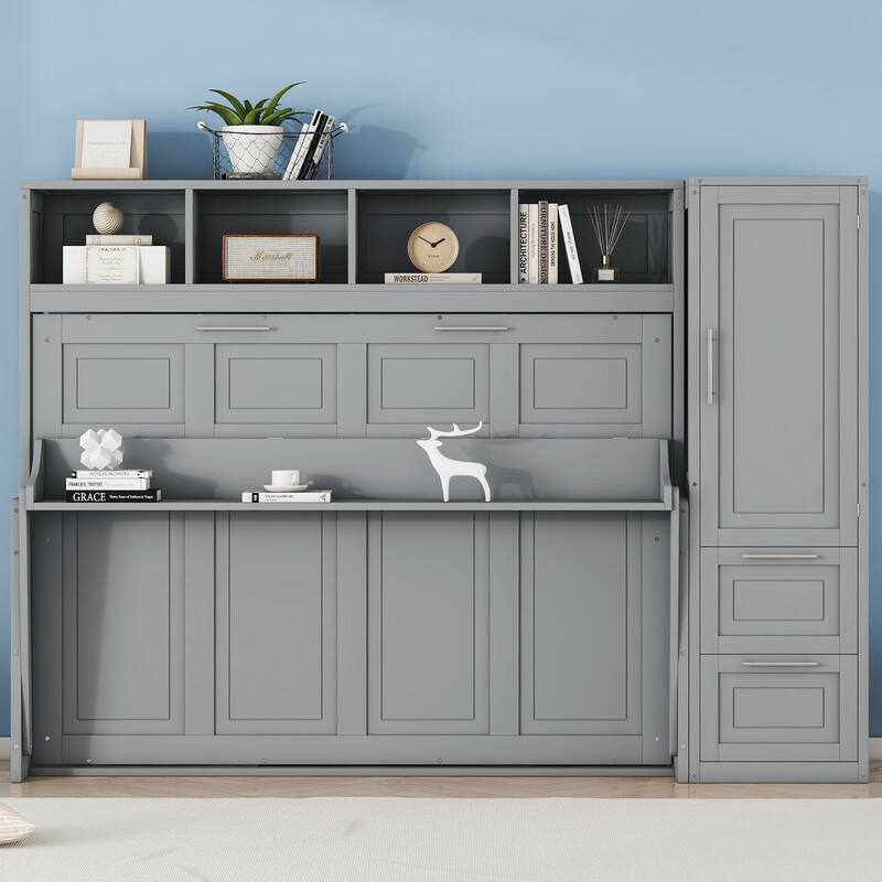 Multifunctional Murphy Bed with Top Shelf, Wardrobe, Drawers and Rack