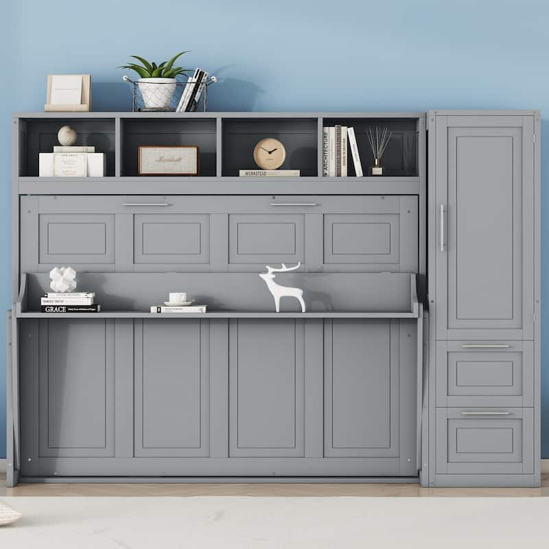 Space Saving Murphy Bed with Integrated Storage, Wood Foldable Wall Platform Bedframe with Closet, Shelves and Drawers - Gray - Full
