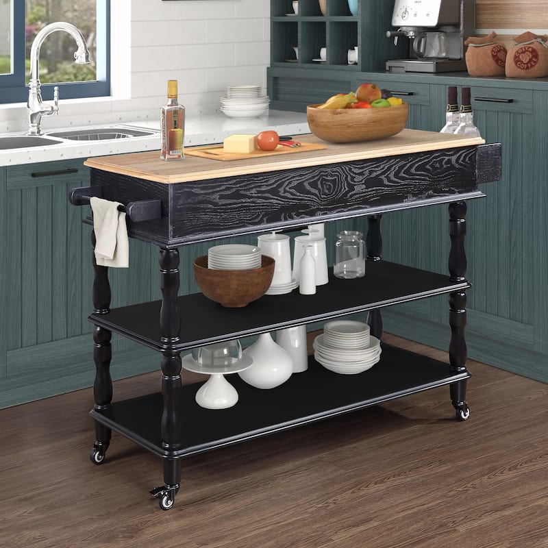 Rolling Kitchen Island Cart with Solid Oak Wood Top, Wine and Spice Rack