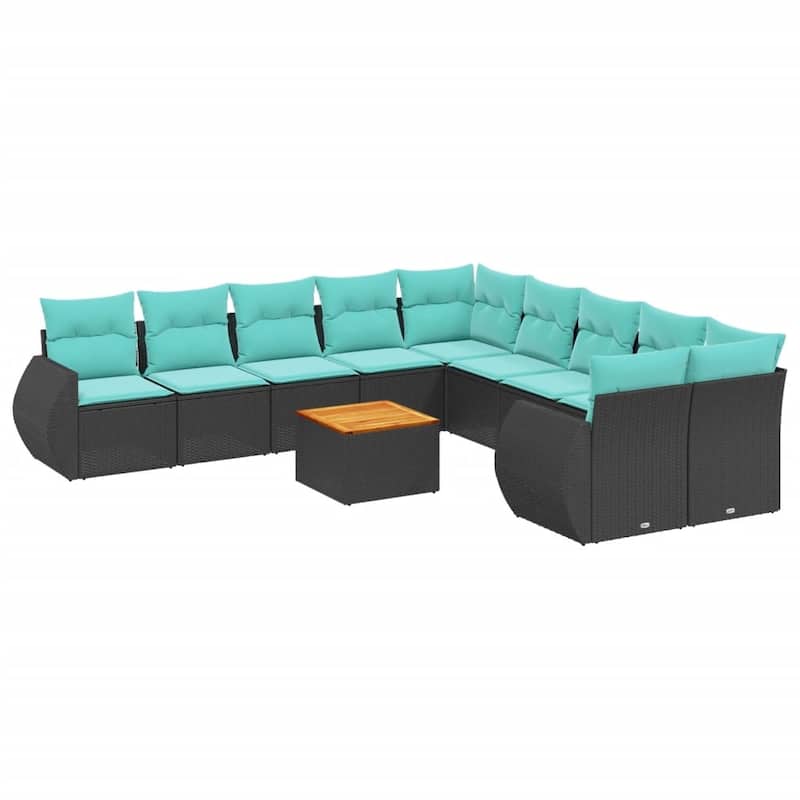 vidaXL 11 Piece Patio Sofa Set with Cushions Black Poly Rattan - 24.4 x 24.4 x 27.2
