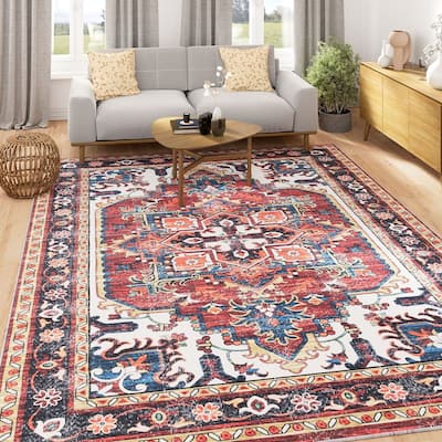 KUKOON Washable Terracotta Vintage Aztec Area Rug