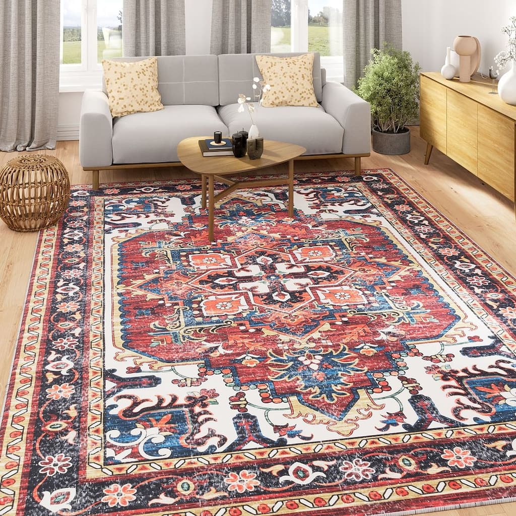 KUKOON Washable Terracotta Vintage Aztec Area Rug