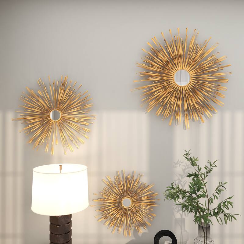 Metal 3D Looped Sunburst Wall Decor with Mirrored Center (Set of 3) - Silver or Gold