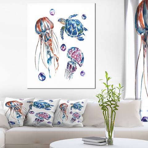 Designart "Colorful Jellyfish and Turtles" Animal Canvas Art Print