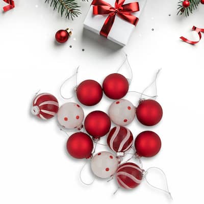 12ct Red White Glass 3-Finish Christmas Ball Ornaments 1.75" (40mm)