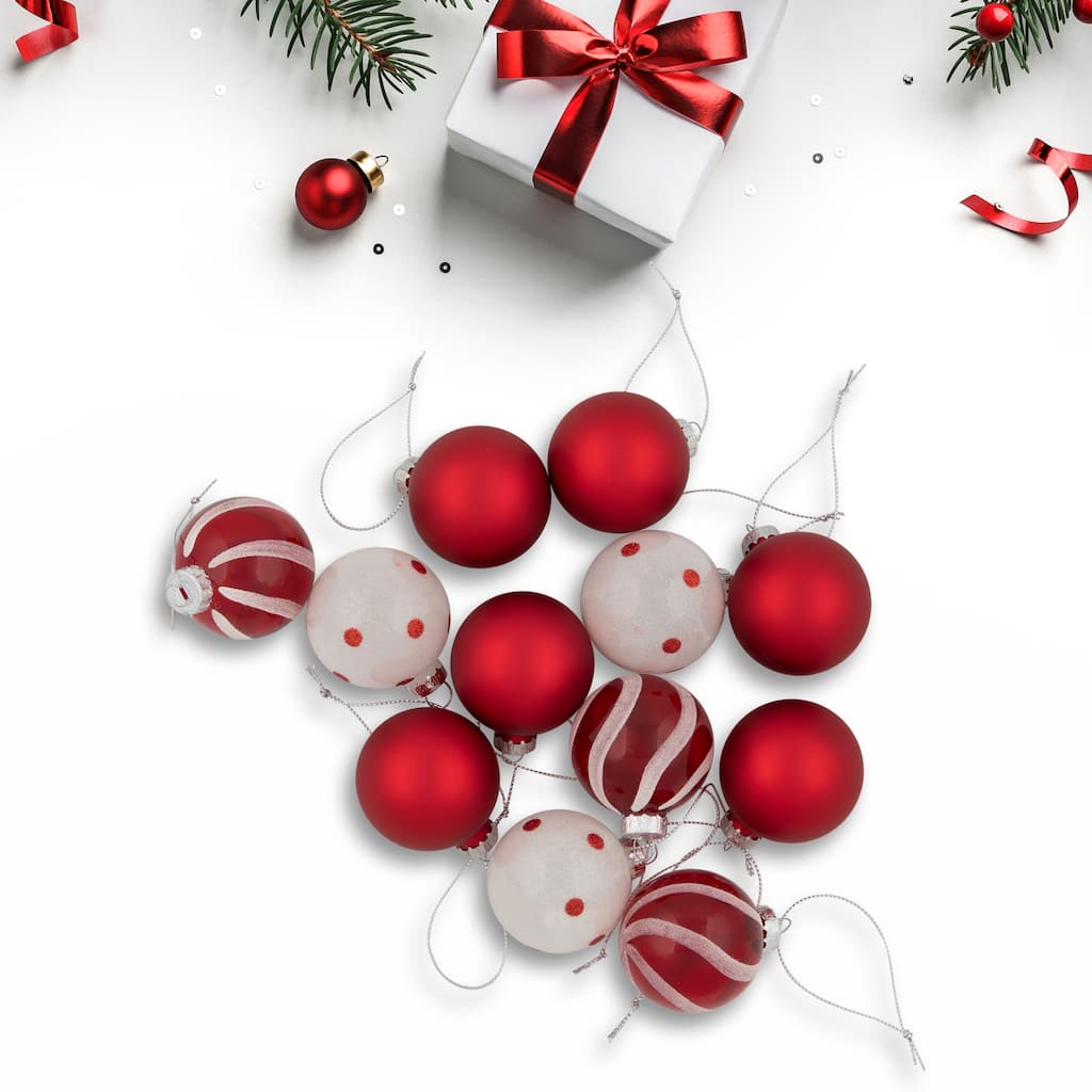 12ct Red White Glass 3-Finish Christmas Ball Ornaments 1.75" (40mm)