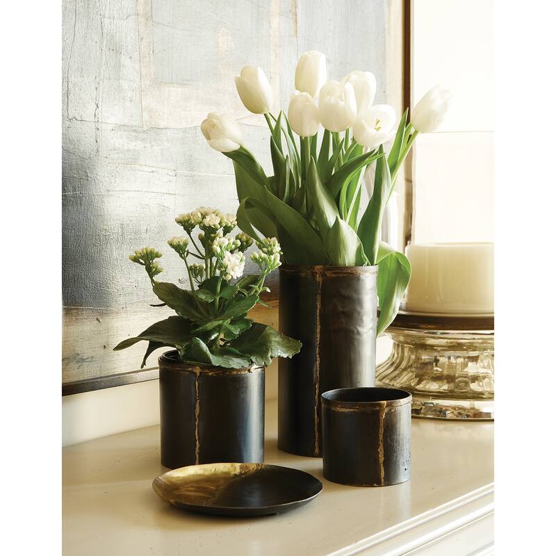 8" Black And Bronze Round Decorative Iron Vase