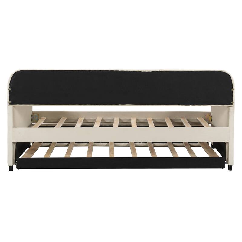 Twin Size Upholstered Daybed Sofa Bed with Trundle and Wood Slat, Light Blue/Beige/Gray