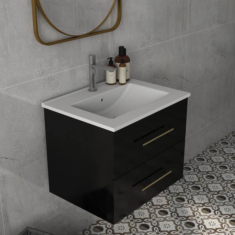 24-Inch Wall-Mounted Bathroom Vanity with Sink Combo,Double Drawers, Ceramic Basin, Easy Assemble,2 Storage Drawers