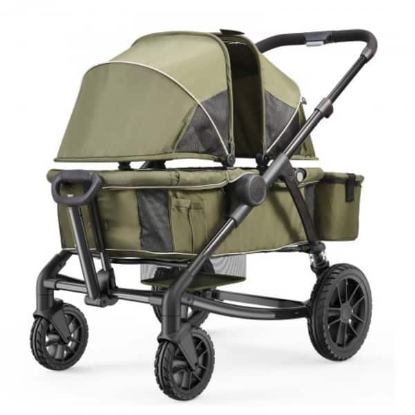 slide 2 of 3, Carbon Steel All-Terrain Stroller Wagon Foldable Twin with Canopy and Tray - 47.2” L x 27.2” W x 42.1” H