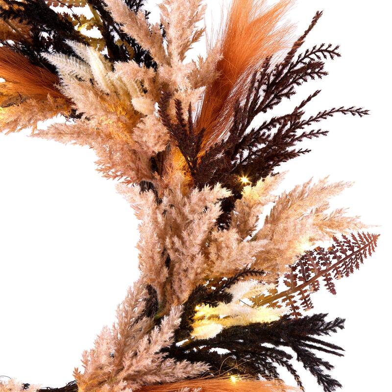 National Tree Company 26" Artificial Orange and Black Pampas Wreath, 30 Warm White LED Lights, Battery Operated - 26 in