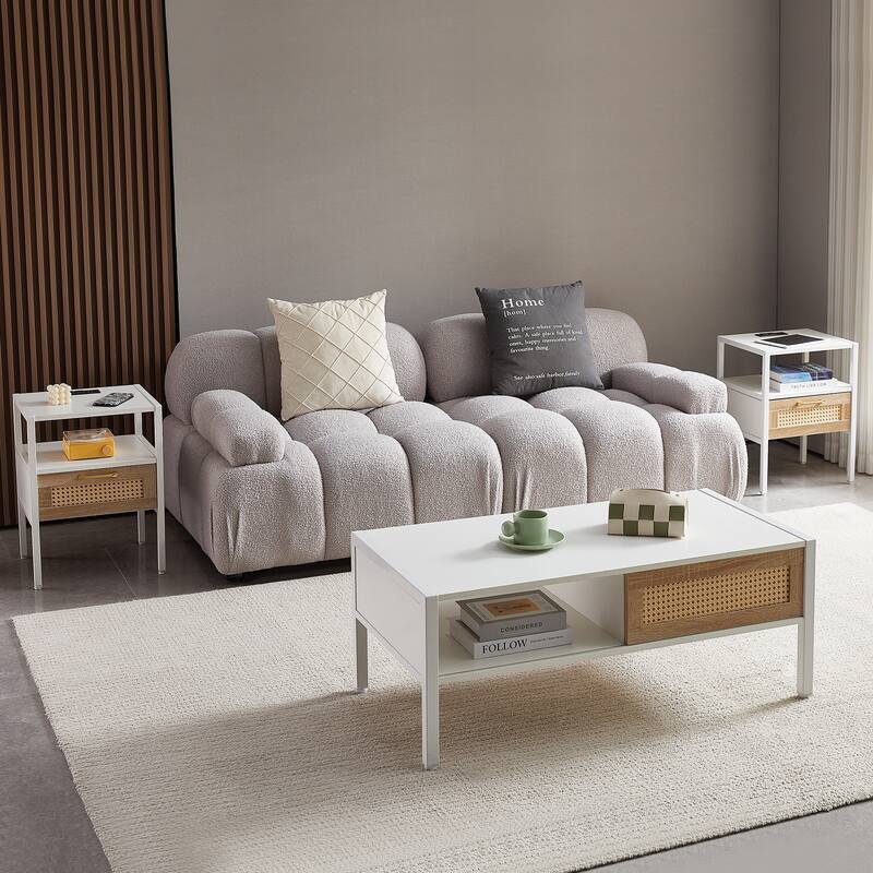2-Piece Rattan End table with Power Outlet and USB Ports