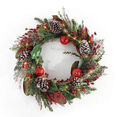 SAFAVIEH Faux 30 Inch Myrtle Led Wreath W/ Red Bells - Green/Red - 30" W x 30" D x 9" H
