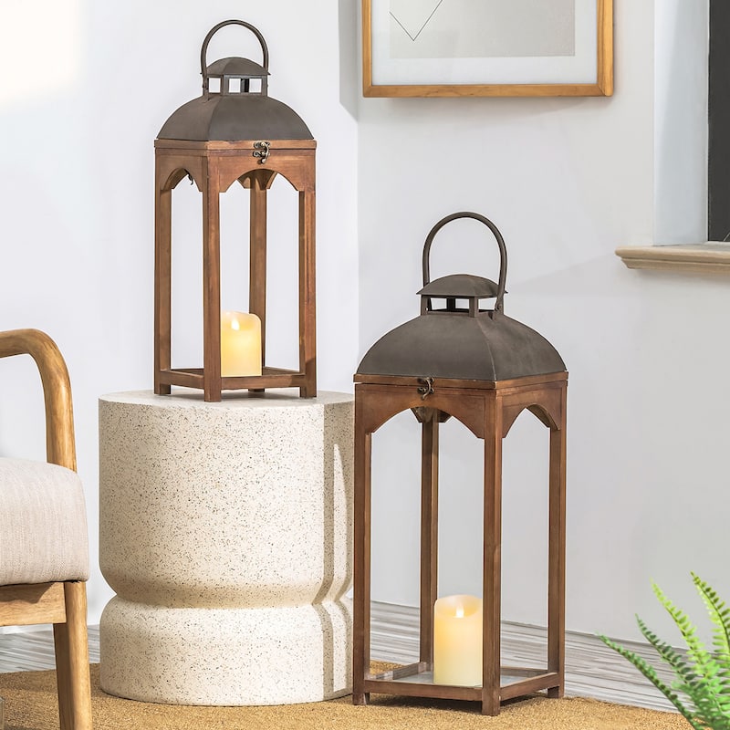 Glitzhome Set of 2 Farmhouse Church Style Hanging Candle Holders Wooden Lanterns Fall Wedding Decor