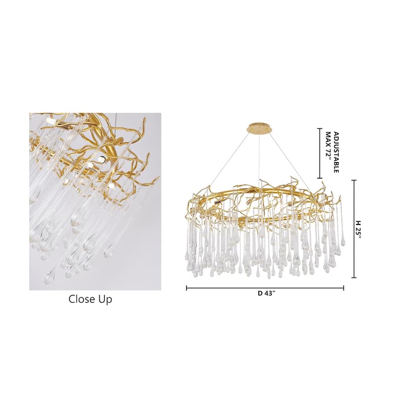 16-Light Gold Aluminum Chandelier With Clear Glass Drops