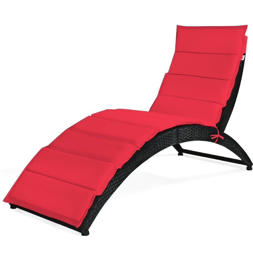 Folding Patio Rattan Portable Lounge Chair Chaise with Cushion - 64'' x 25'' x 37'' (L x W x H)