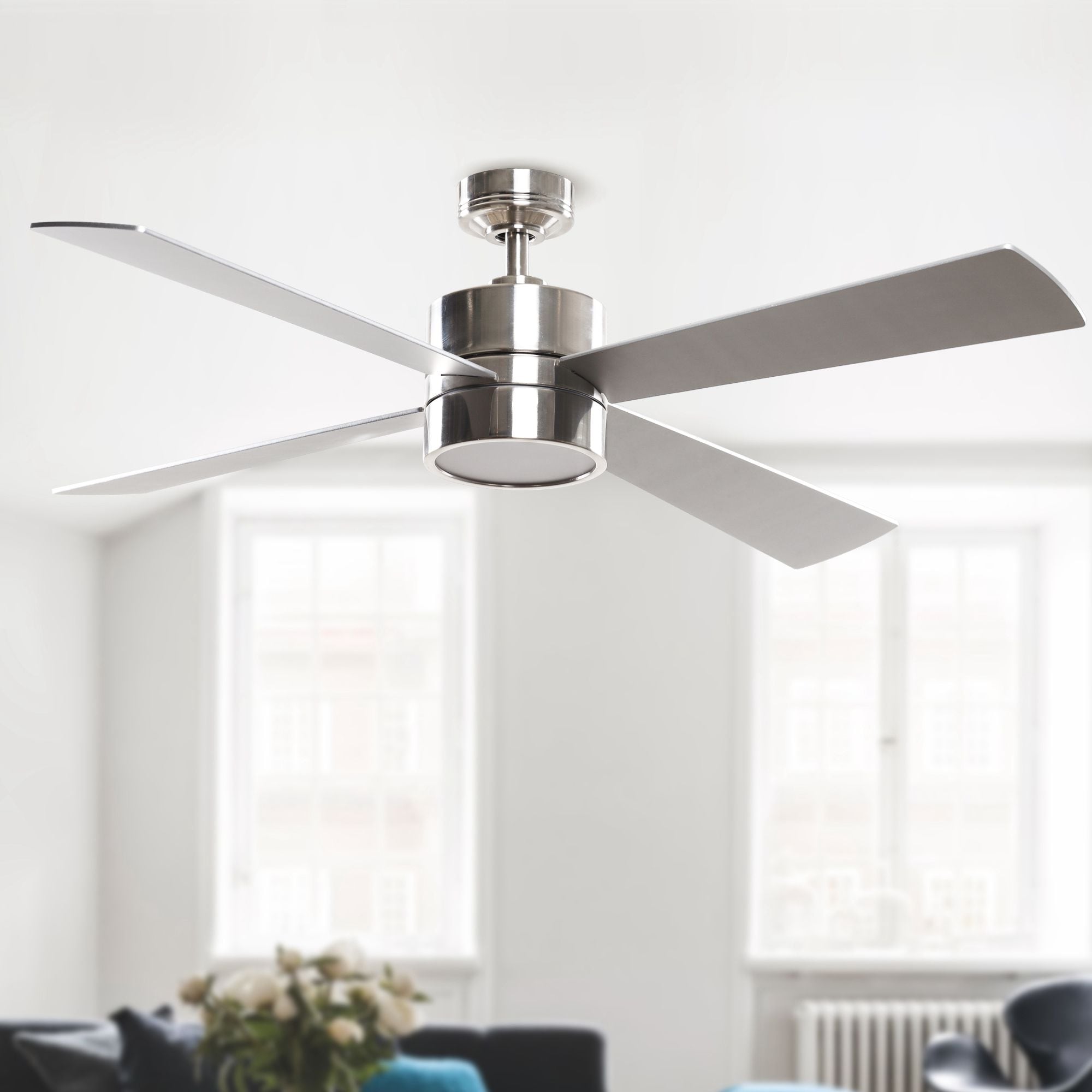 Modern 52-in 4-Blade Brushed Chrome LED Ceiling Fan with Light and Remote Control - 52