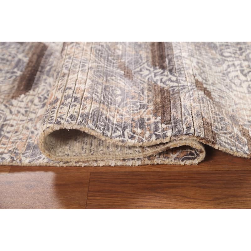 Beige Striped / Abstract Indian Area Rug Handmade Wool Carpet - 3'10"x 6'0"