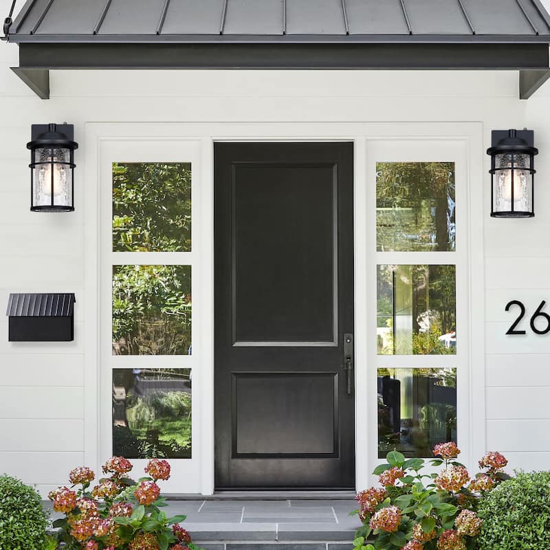 2-pack 1-Light Matte Black Finish Outdoor Wall Lantern Sconce with Crackle Glass(Dusk to Down Could be Chosen)