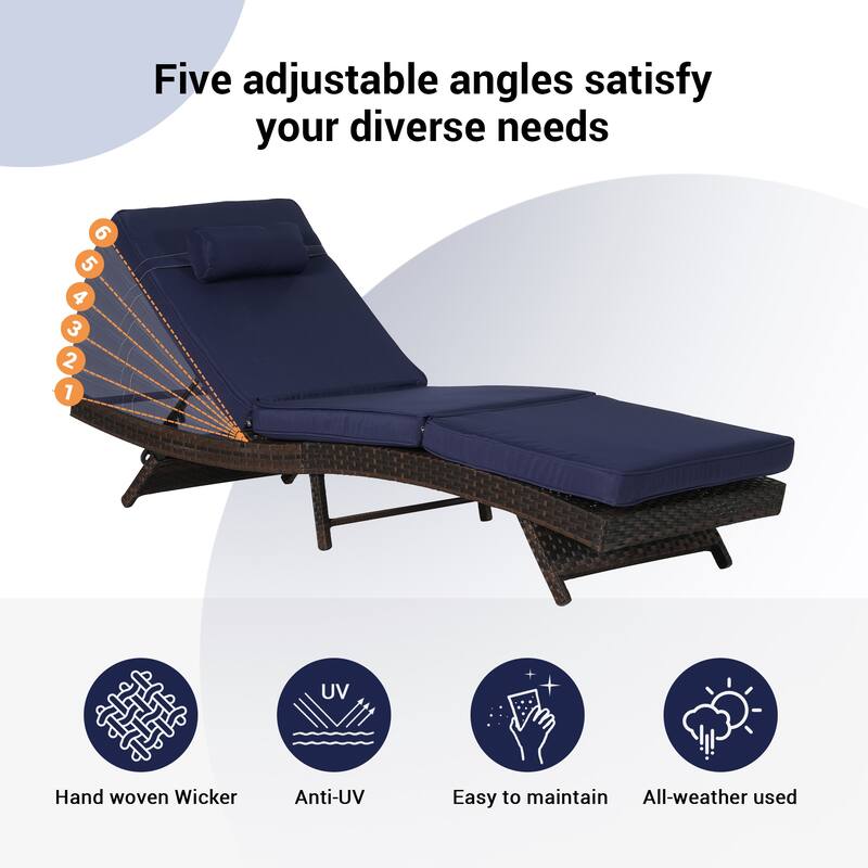 2 Piece Outdoor Wicker Long Reclining Chair Set, Sunbathing Recliner for Beach Poolside Garden