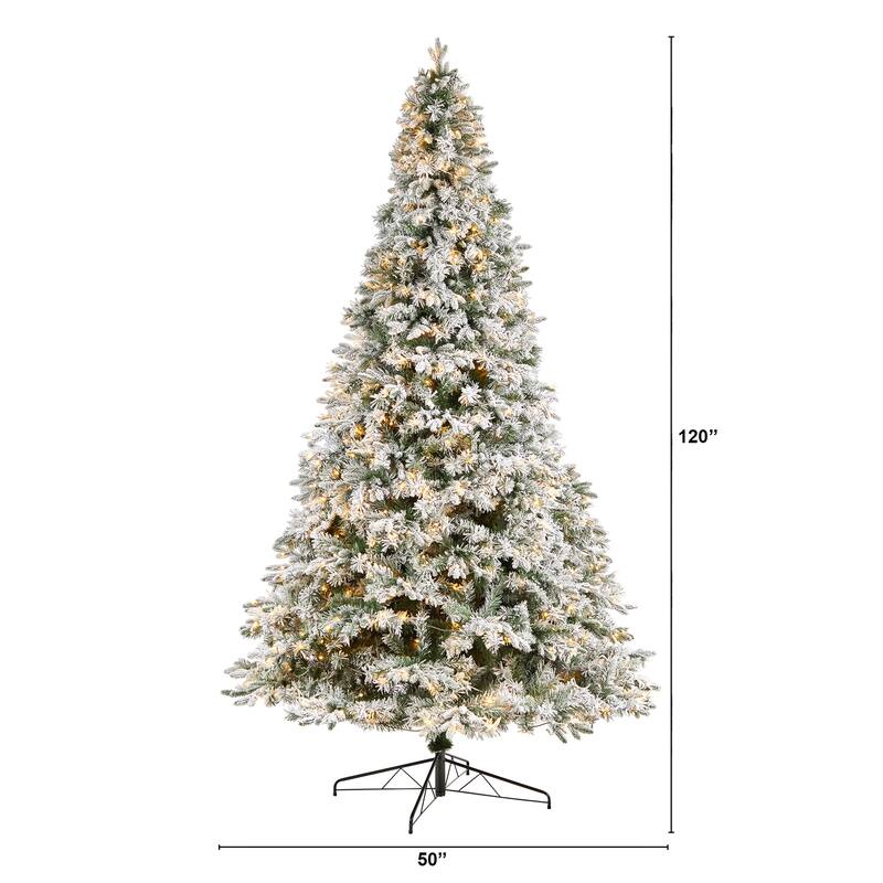 10ft Flocked Christmas Tree with Lights, Realistic Artificial Pine Tree, Holiday Decor, Winter Forest Tree - Green - 120