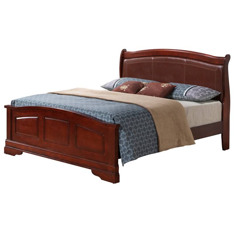 Cherry Upholstered Panel Bed - 65" Wide Curved Headboard Faux Leather - Multiple Sizes